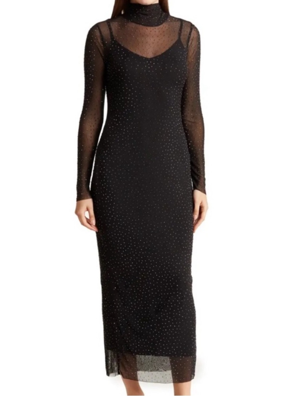 AFRM Los Angeles Marni Rhinestone Sheer Black Dress